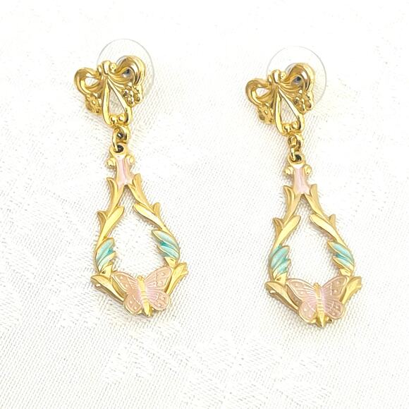 Vtg Bow Butterfly Enamel Pierced Earrings Dangle Drop Flower Gold Tone - Picture 1 of 6